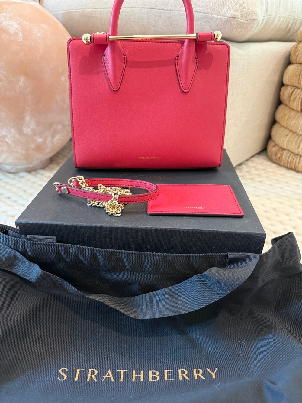 Strathberry Hot Pink Structured Mini Tote with Gold Hardware